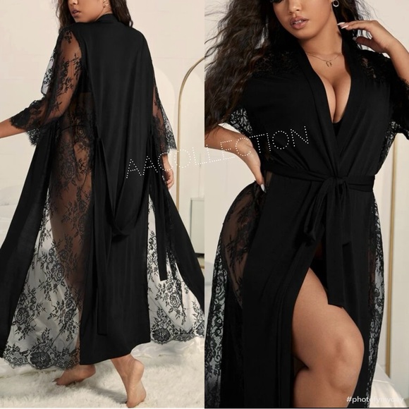 Sexy Plus Size Sheer Mesh Floral Lace Black Cover Up Robe Black - Picture 3 of 4